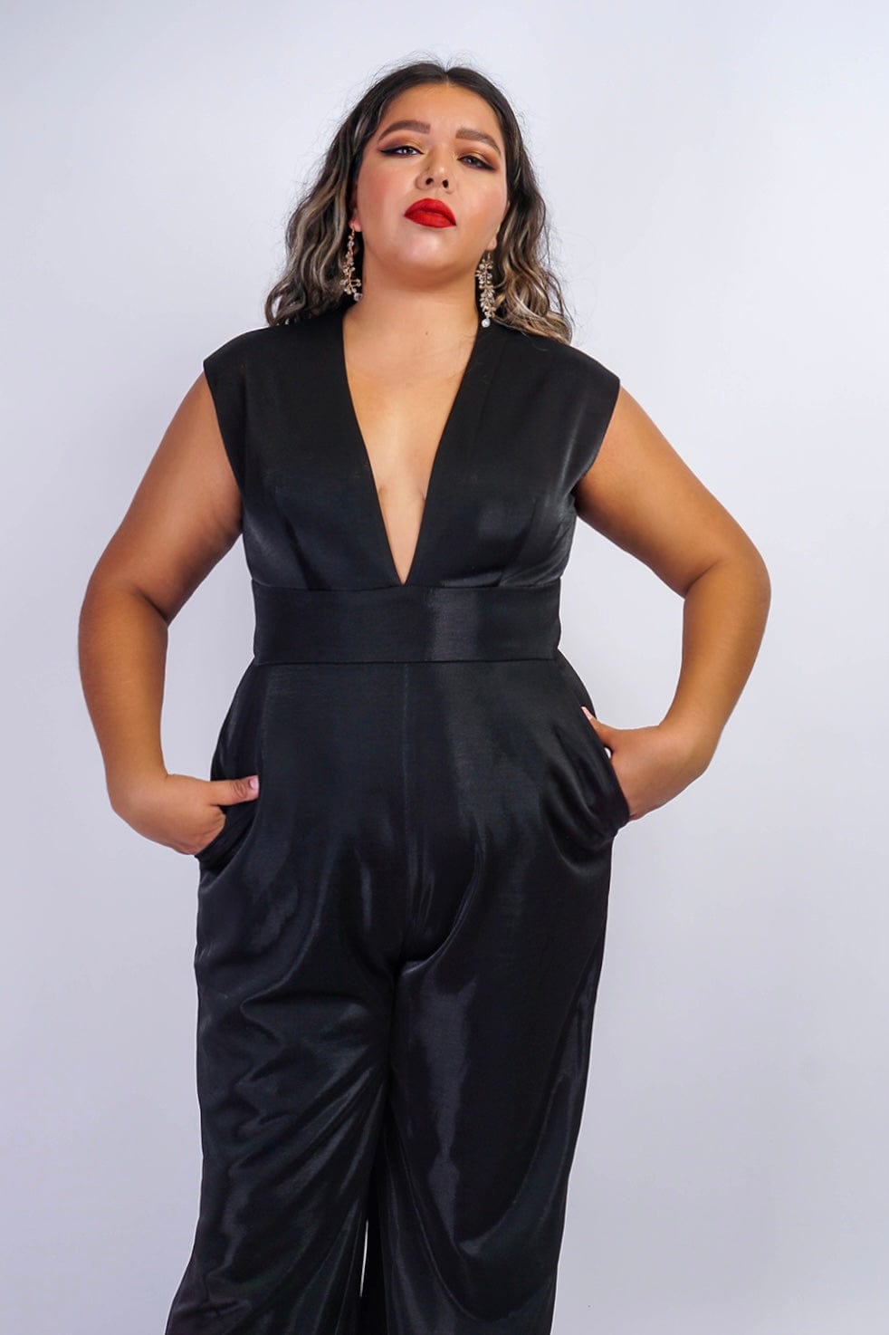 JUMPSUITS & ROMPERS Black Lux Sheen V Neck Aiden Jumpsuit - Chloe Dao