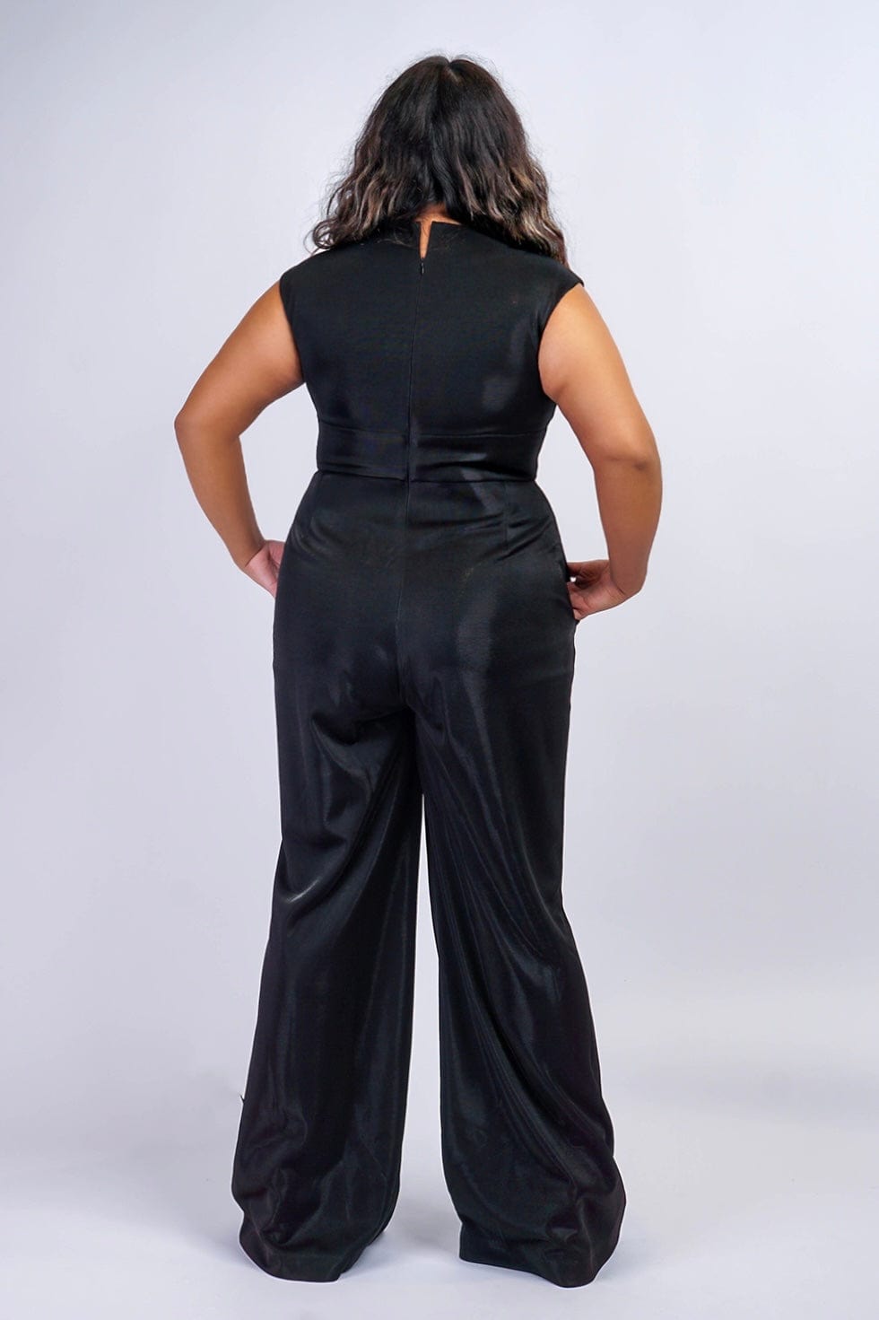 JUMPSUITS & ROMPERS Black Lux Sheen V Neck Aiden Jumpsuit - Chloe Dao