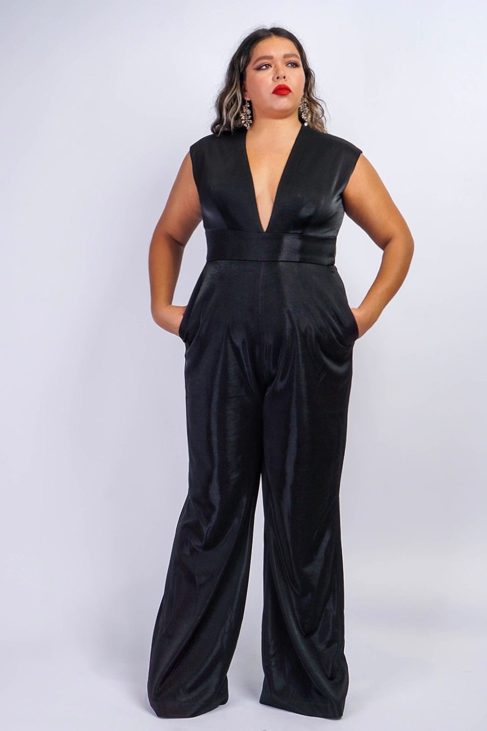 JUMPSUITS & ROMPERS Black Lux Sheen V Neck Aiden Jumpsuit - Chloe Dao