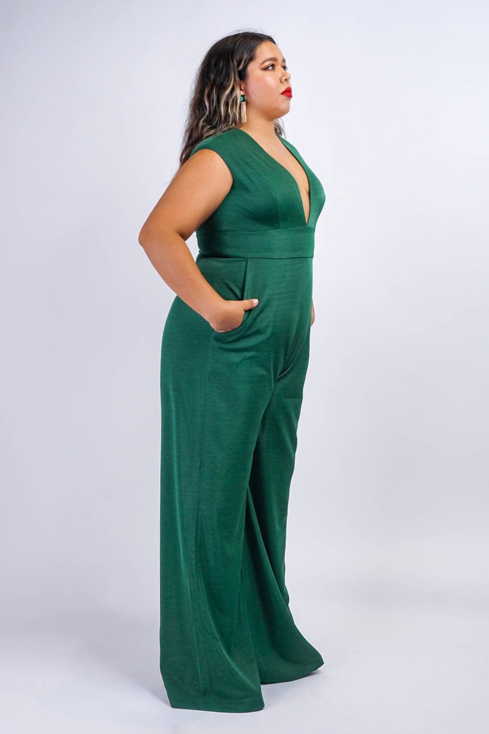 JUMPSUITS &amp; ROMPERS Emerald Luxe Sheen V Neck Aiden Jumpsuit - Chloe Dao