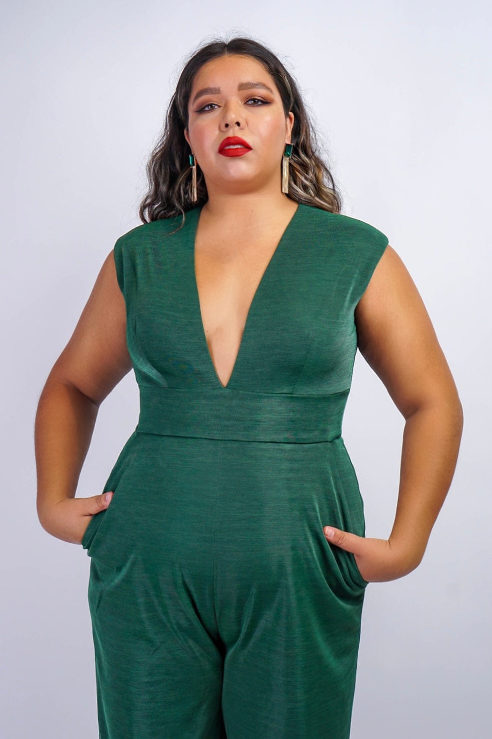JUMPSUITS &amp; ROMPERS Emerald Luxe Sheen V Neck Aiden Jumpsuit - Chloe Dao