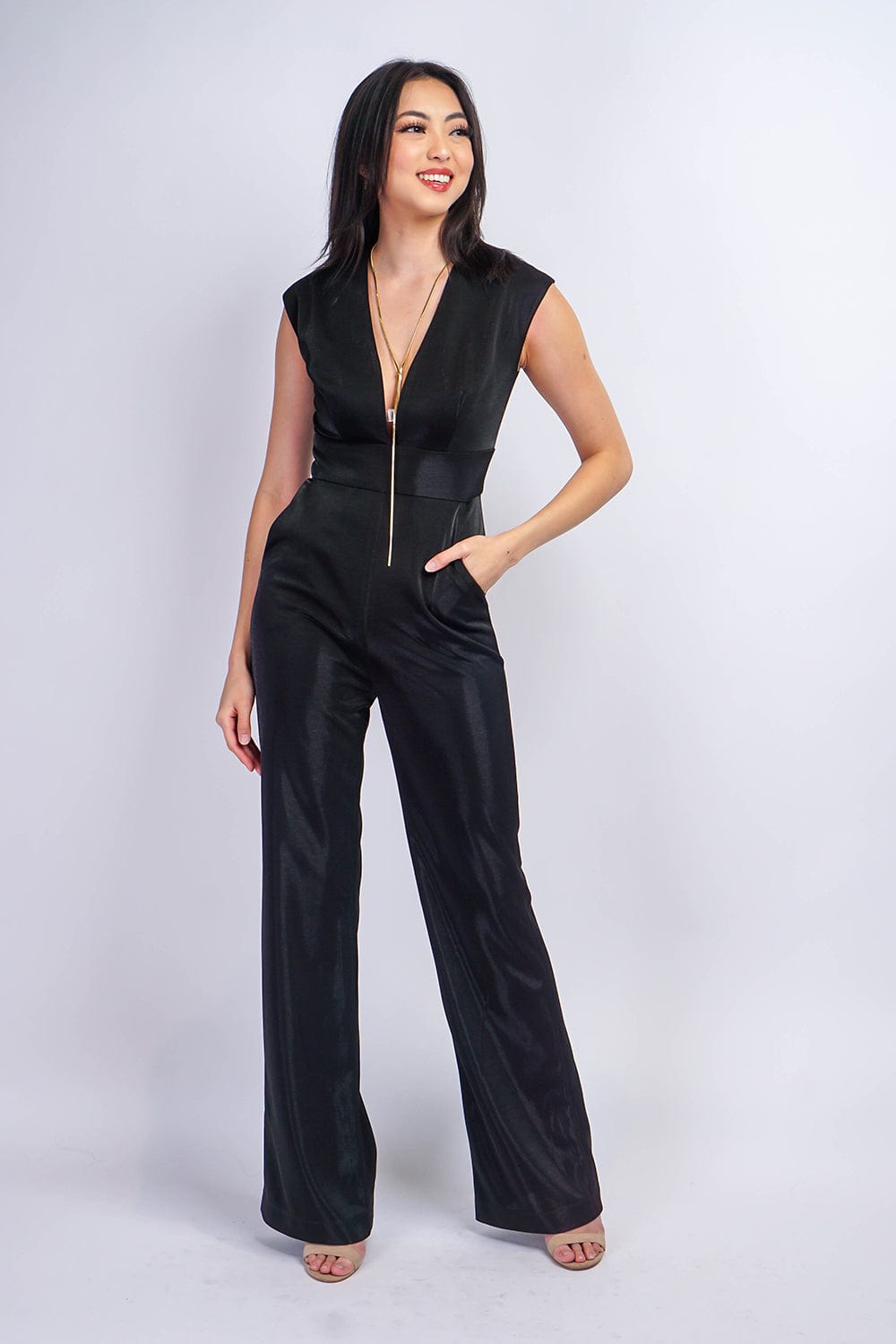 JUMPSUITS & ROMPERS Black Lux Sheen V Neck Aiden Jumpsuit - Chloe Dao