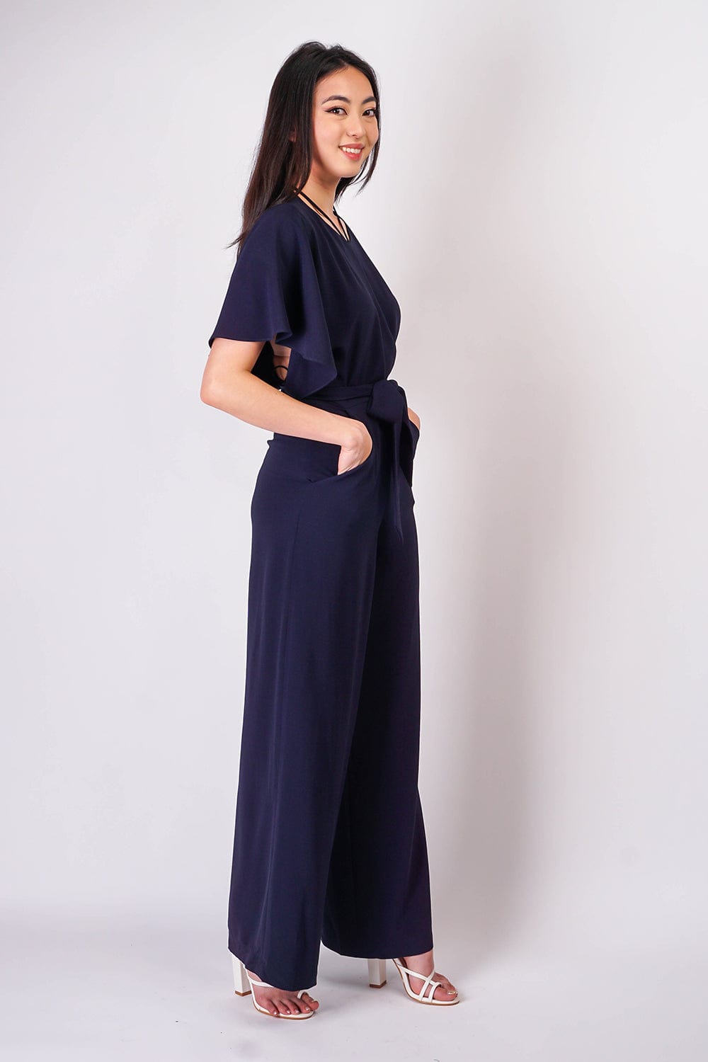 DCD JUMPSUITS &amp; ROMPERS Dark Navy Pleated Wrap Necee Jumpsuit
