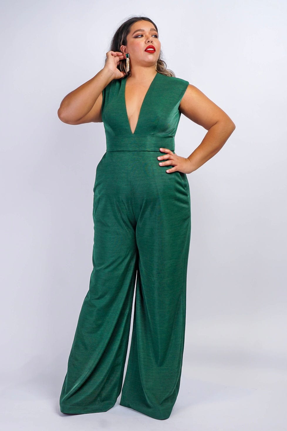 JUMPSUITS &amp; ROMPERS Emerald Luxe Sheen V Neck Aiden Jumpsuit - Chloe Dao