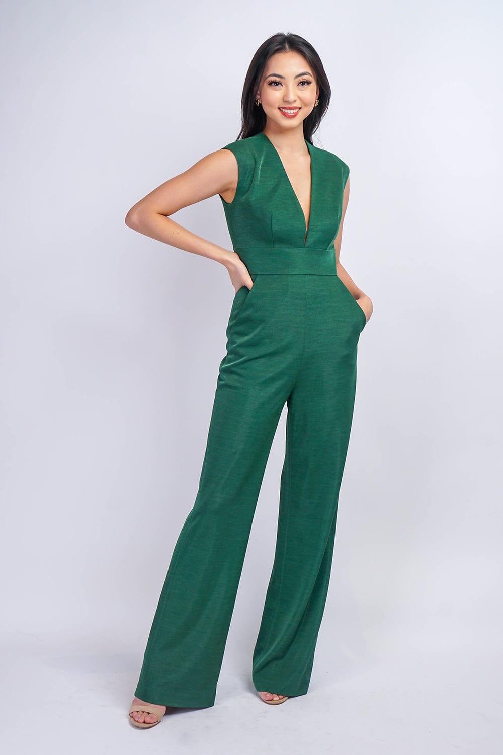 JUMPSUITS &amp; ROMPERS Emerald Luxe Sheen V Neck Aiden Jumpsuit - Chloe Dao