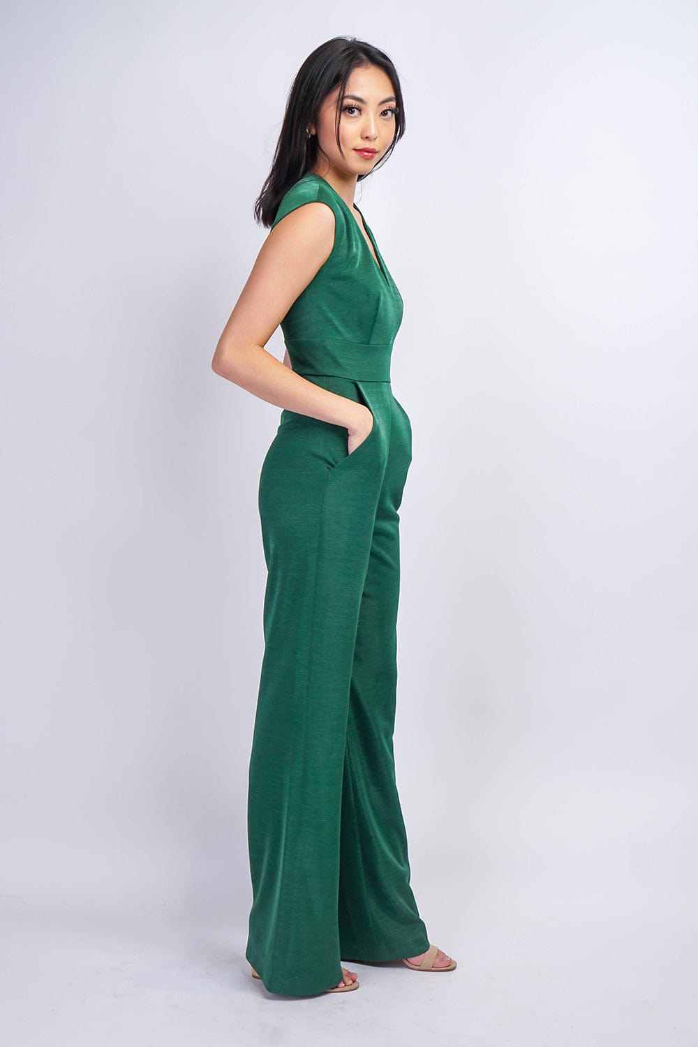 JUMPSUITS &amp; ROMPERS Emerald Luxe Sheen V Neck Aiden Jumpsuit - Chloe Dao