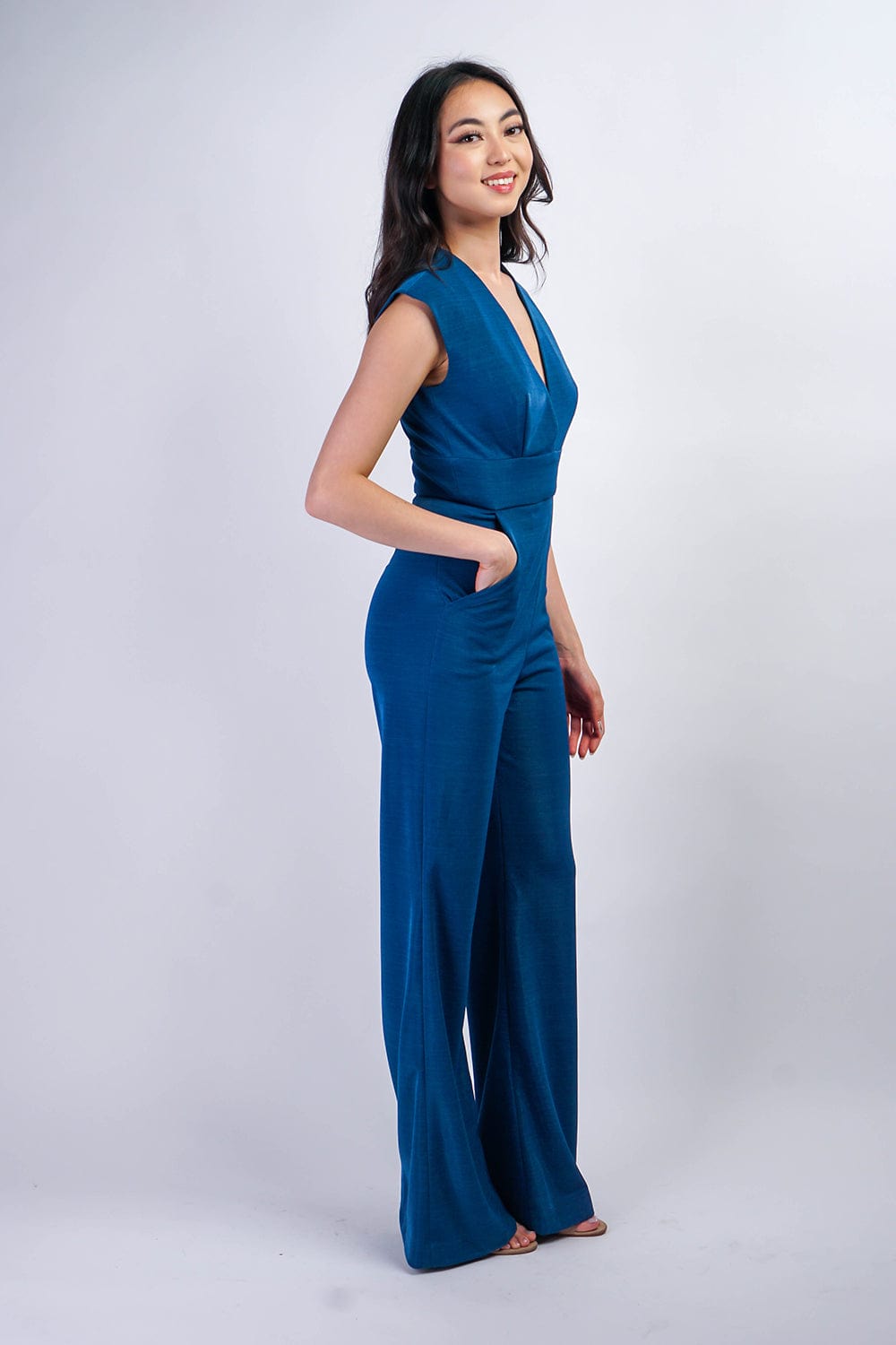 Chloe Dao JUMPSUITS & ROMPERS Saphire Blue Luxe V Neck Aiden Jumpsuit