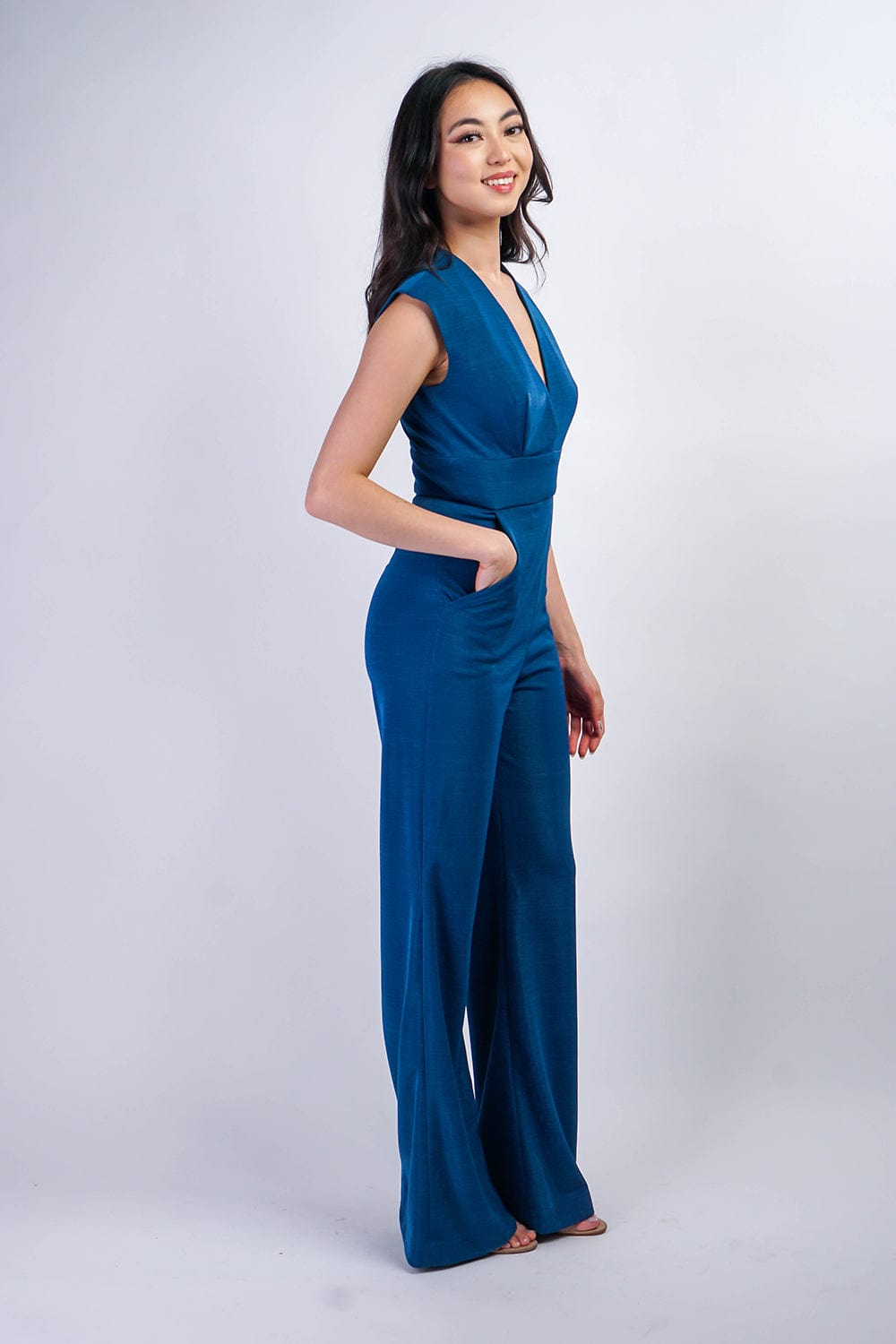 Chloe Dao JUMPSUITS &amp; ROMPERS Saphire Blue Luxe V Neck Aiden Jumpsuit