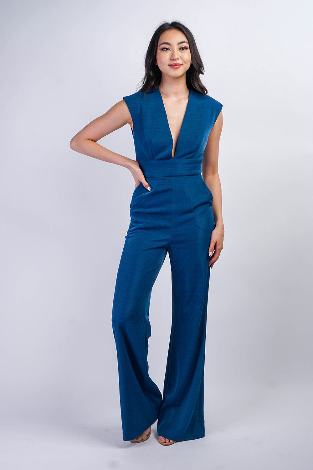 Chloe Dao JUMPSUITS & ROMPERS Saphire Blue Luxe V Neck Aiden Jumpsuit
