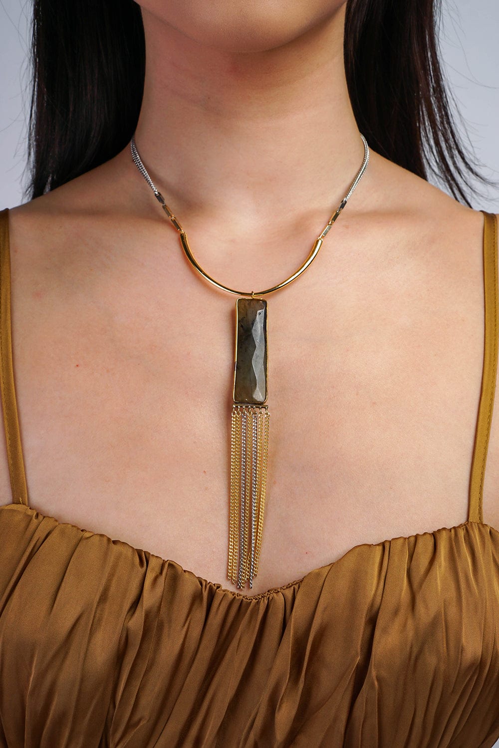 NECKLACES Green Rectangle Stone Mix Metal Necklaces - Chloe Dao