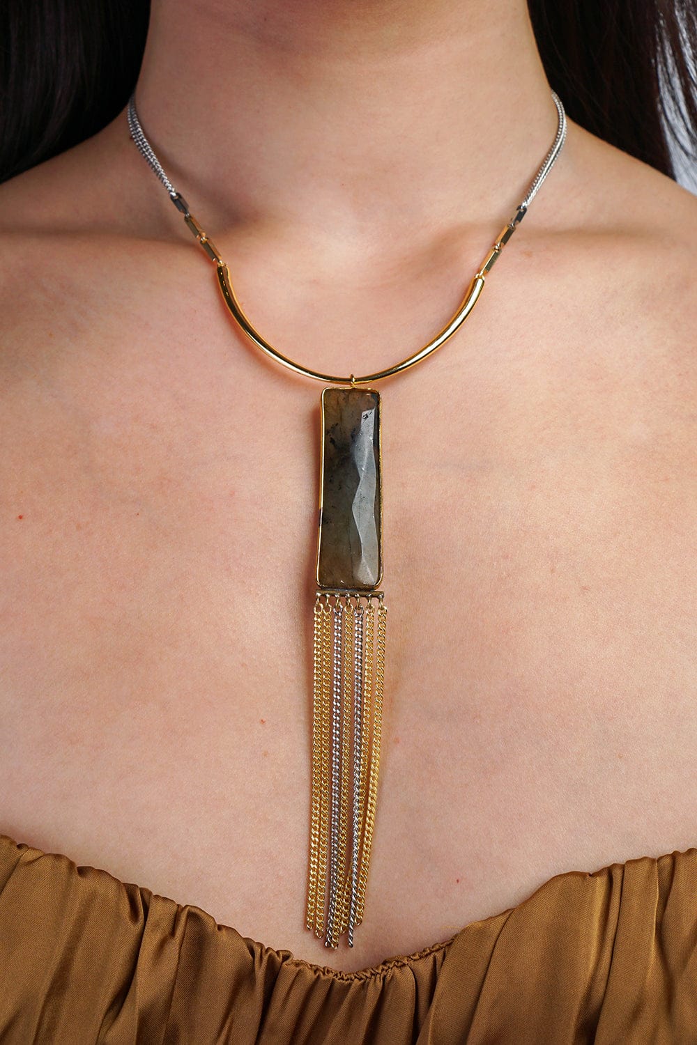 NECKLACES Green Rectangle Stone Mix Metal Necklaces - Chloe Dao