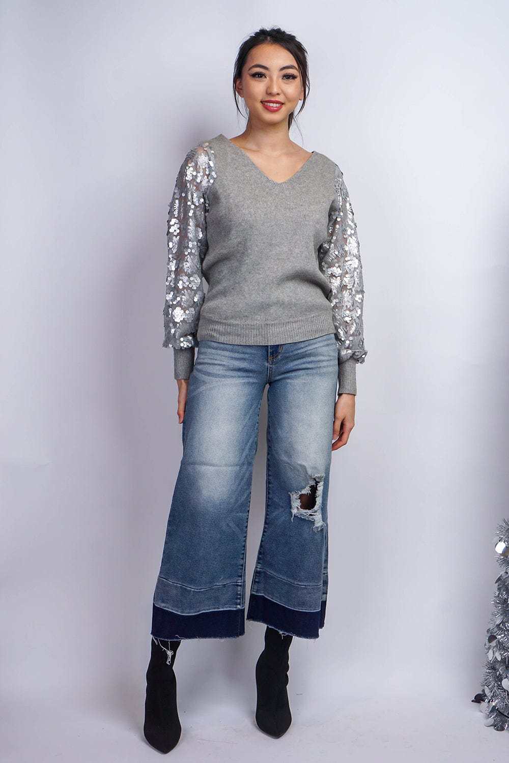 SWEATERS Grey V Embellished Slv Sweater - Chloe Dao