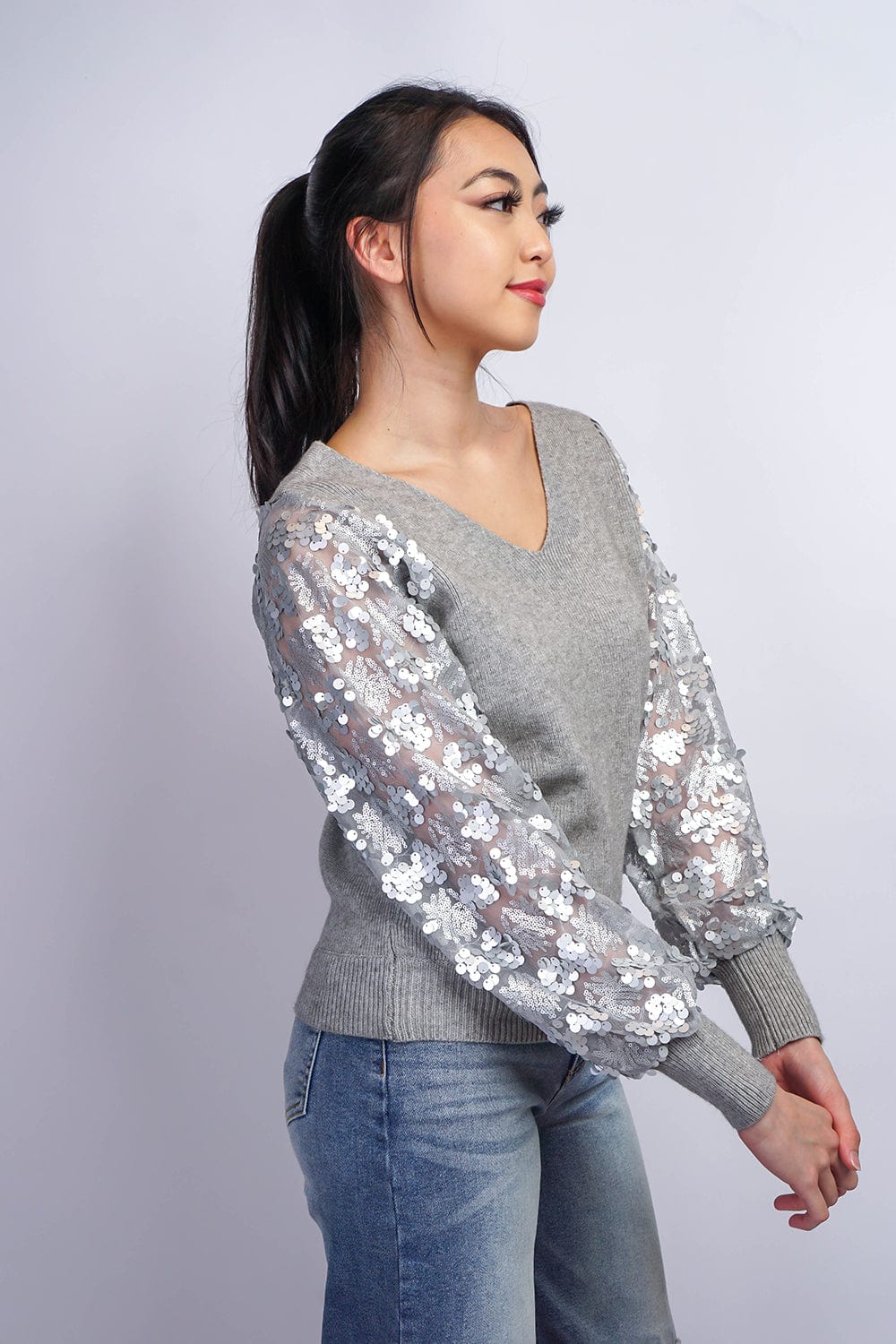 SWEATERS Grey V Embellished Slv Sweater - Chloe Dao