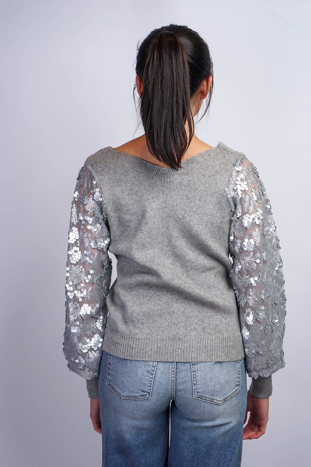 SWEATERS Grey V Embellished Slv Sweater - Chloe Dao