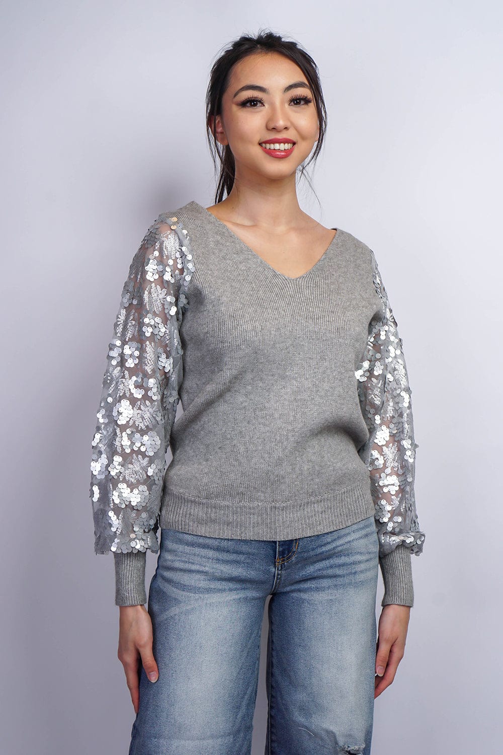 SWEATERS Grey V Embellished Slv Sweater - Chloe Dao