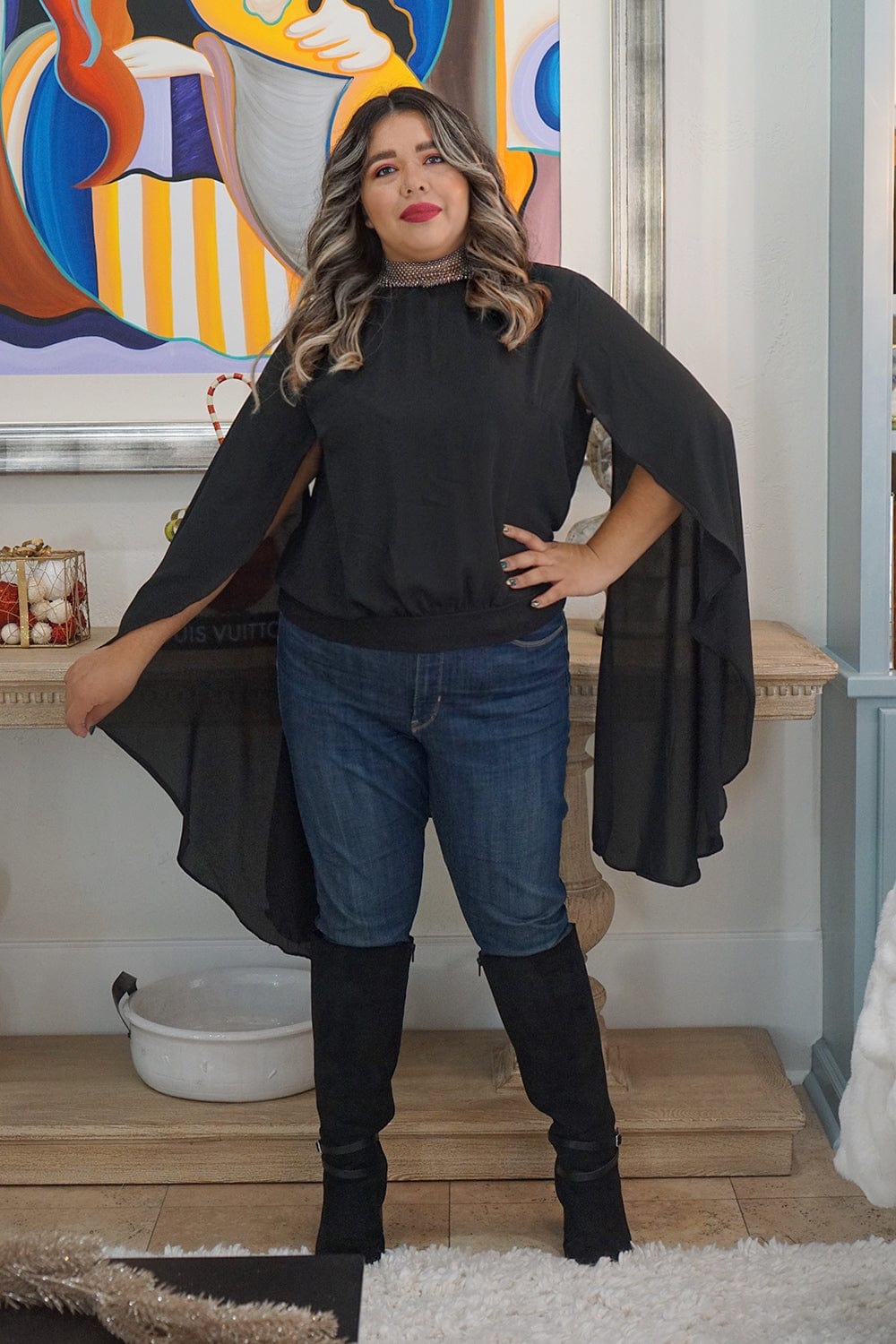 Tops Black Rhinestone Chiffon Top - Chloe Dao