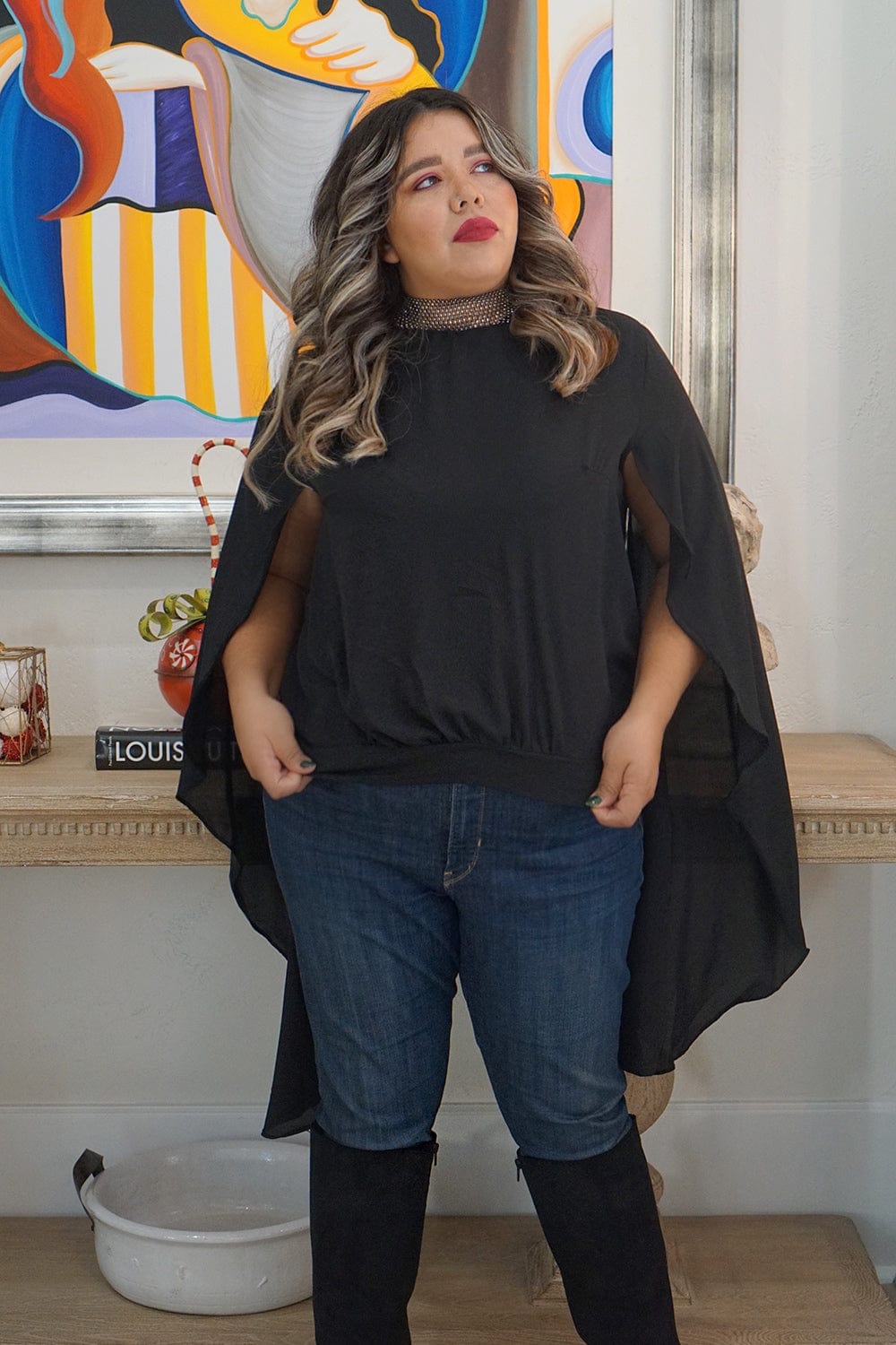 Tops Black Rhinestone Chiffon Top - Chloe Dao