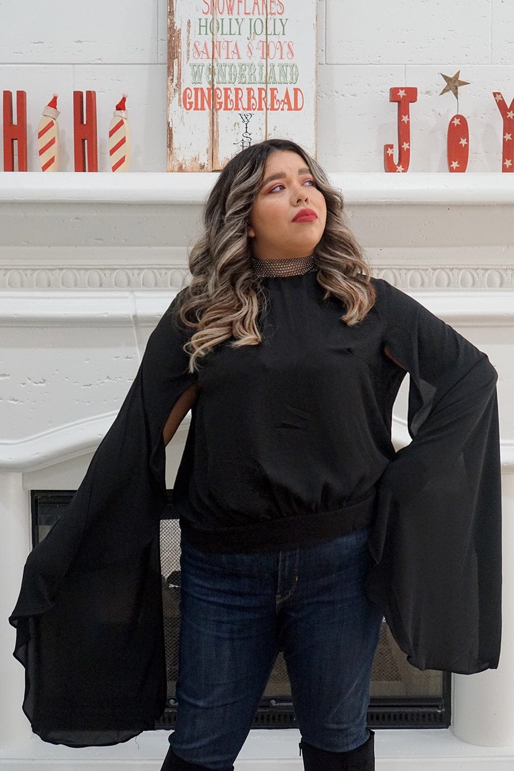 Tops Black Rhinestone Chiffon Top - Chloe Dao